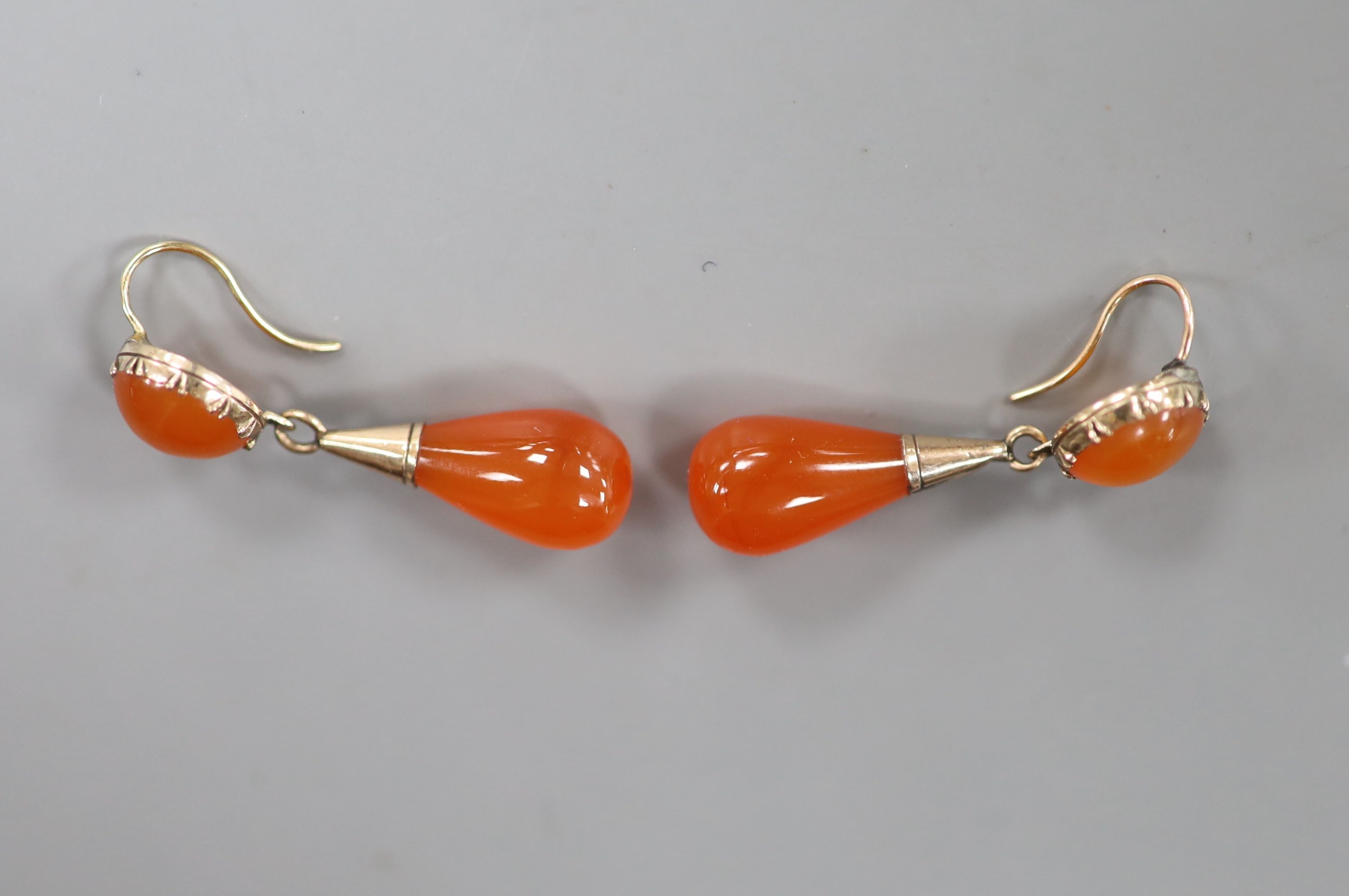 A pair of Edwardian yellow metal and two stone chalcedony set drop earrings, 33mm, gross weight 4.5 grams.